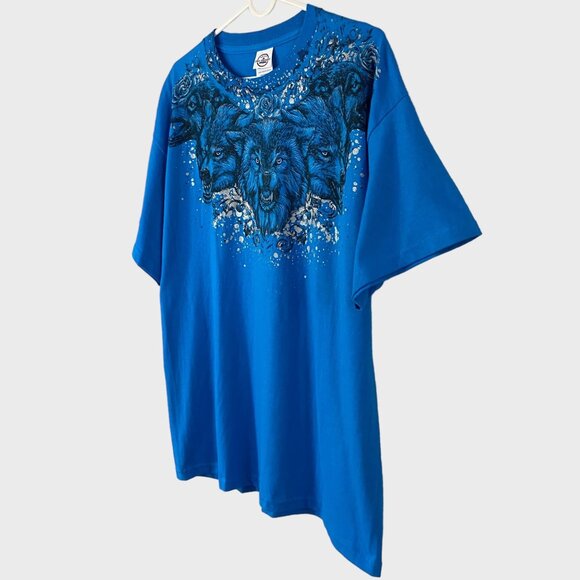 Y2K Animal Planet Wolf Pack S/S T-Shirt Men's Large Blue Metallic Splatter Tee - Picture 2 of 11
